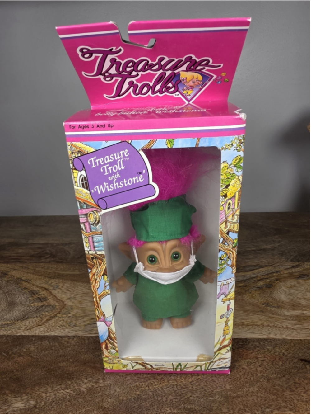 VTG Ace Treasure Troll Wishstone Doctor Surgeon Pink Hair 1990s Boxed Green Mask